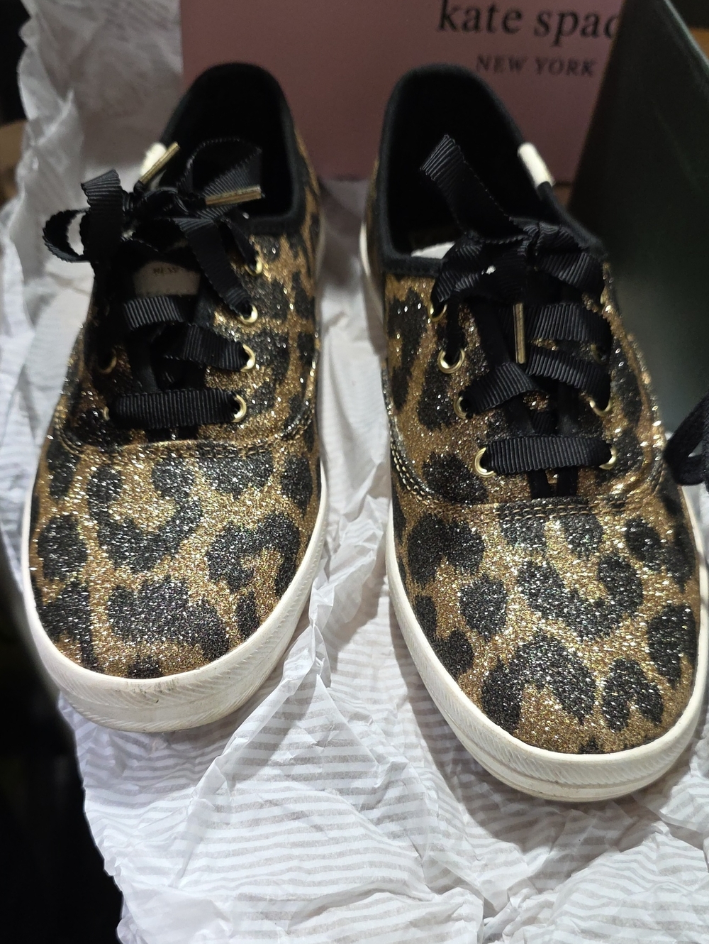 kate spade Leopard Glitter Ribbon Lace-Up Sneakers in Gold and Black